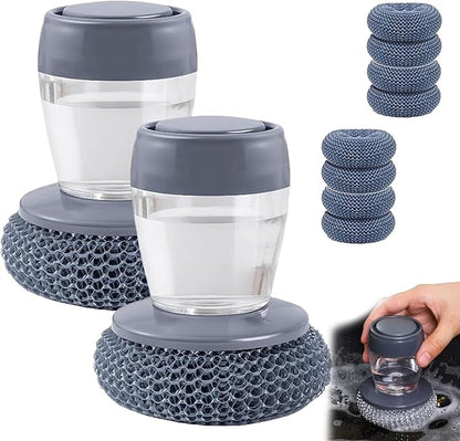 Comfort Grip Soap Dispensing Kitchen Scrub, Press-Type Dish Brush with Soap Dispenser, Replaceable Nylon Bristles, for Dishes Pots Pans Sinks Household Cleaning (2 Set)