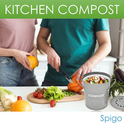 Indoor Kitchen Compost BIN, Great for Food Scraps, Includes Charcoal Filter for Odor Absorbing, Removable Clean Plastic Bucket, Handles, Durable Stainless Retro Design, 1 Gallon, Grey