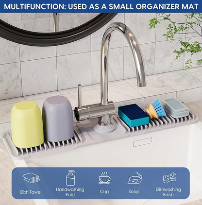 24 Inch Silicone Faucet Mat for Kitchen Sink Splash Guard - 7° Slope Upgraded Water Draining Mat with Fasten Button for Bathroom Area (Gray, 24''x5.5'')