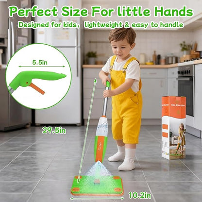 Toddler Spray Mop - Fun & Educational Montessori Housekeeping Toys Mini Size Cleaning Set Includes Kids Mop with Real Water Sprayer Washable Microfiber Pads & Scraper