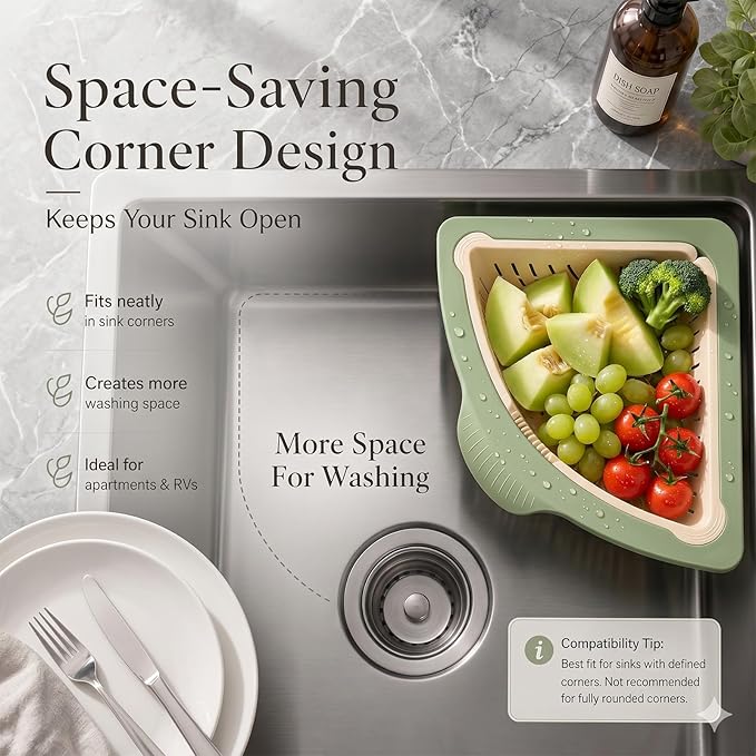 Magnetic Drainage & Filter Basket, Triangular Sink Strainer with Twist-Open Bottom, triangular drain magnetic basket, corner sink strainer for food scraps (White And Green Interwoven)