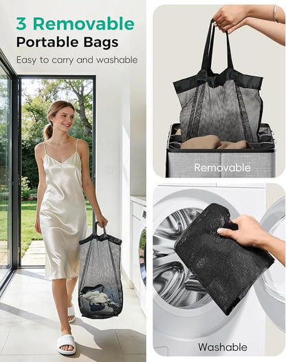 Laundry Hamper 3 Compartment 185L, Large Laundry Hamper with Lid and 3 Inner Bags, Dirty Clothes Hamper, Collapsible Laundry Sorter for Bedroom, Laundry Room, Dorm