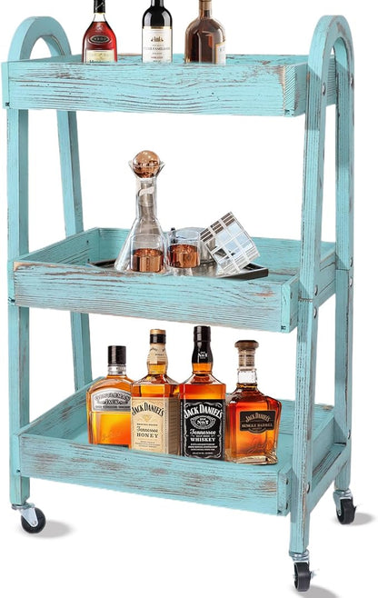 3-Tier Wooden Rolling Cart- Wooden Utility Cart wit Wheels- Utility Rolling Cart-Storage Trolley Organizer- Rolling Kitchen Serving Cart for Office,Kitchen, Kids' Room (Retro Blue)
