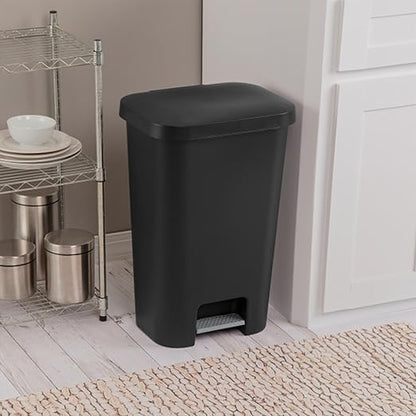 Sterilite 11.9 Gallon Rectangular Step On Kitchen Plastic Indoor Wastebasket with Wide Opening Lid and Comfort Handle for Home, Black (16 Pack)