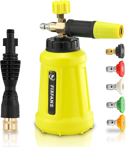 FIXFANS Foam Cannon, Wide Neck Snow Foam Lance with Replacement Adapter for Portland Husky and Ryobi Pressure Washer, Heavy Duty Power Washer Foam Blaster with 1/4 Inch Quick Connector, 5 Nozzles, 1L