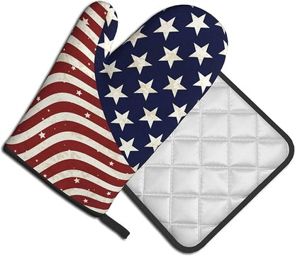 Patriotic Oven Mitts - American Flag Kitchen Mitts Pot Holders 4th of July Hot Mitts Independence Memorial Day Hot Pads Sets of 2 for Cooking Baking Grilling