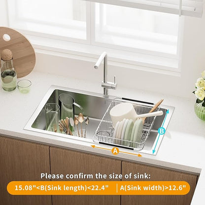 JAQ Over Sink Dish Drying Rack for Medium to Large Sink, Expandable 15.08"–22.4", Adjustable 304 Stainless Steel Dish Drainer with Utensil Holder, Large Capacity Holds Up to 13 Plates