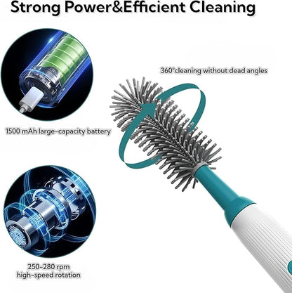 Electric Bottle Brush Set, 6-in-1 Electric Cleaning Brush with Waterproof Silicone Cleaner, 3 Replaceable Brush Heads, Straw Brush & Extension Rod, for Baby Feeding Supplies and Kitchen Utensils