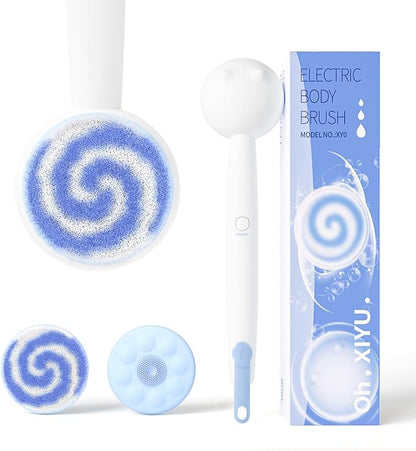 Electric Back Scrubber for Shower Body Brush, Waterproof Shower Body Scrubber for Cleansing, Massaging, Rechargeable Bath Brush for Kids & Adults with 2 Heads & 3 Speed Modes, Milk White XY0