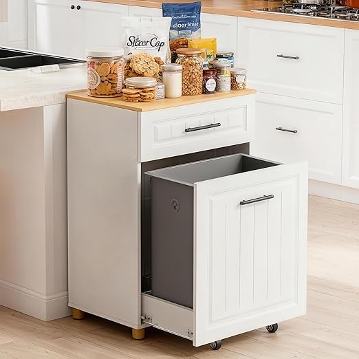 ZIFTY Pull Out Trash Can Cabinet for 10.25 Gallon Bins Freestanding Kitchen Trash Bin Cabinet with Drawer Pet Proof Wooden Garbage Recycling Laundry Hamper Storage for Living Room