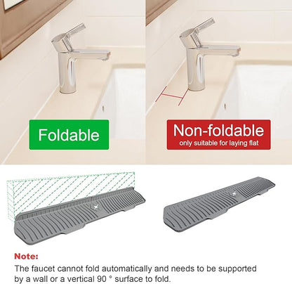 Sink Drain Mat Behind Faucet,Faucet Guard Draining Mat, 90° Foldable Tap Draining Mat for Kitchen Sink with 2 Water Ports, Faucet Drain Mats for Kitchen, Bathroom, etc (Gray, 29.5"*6.1")