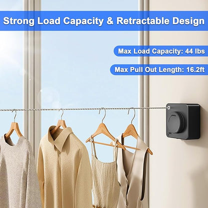 Retractable Clothesline Indoor & Outdoor, 16.2 Ft Non-Sagging Stainless Steel Laundry Washing Line with Wall Mounted Heavy Duty Design, Space-Saving Clothing Drying Rack (1, Black)