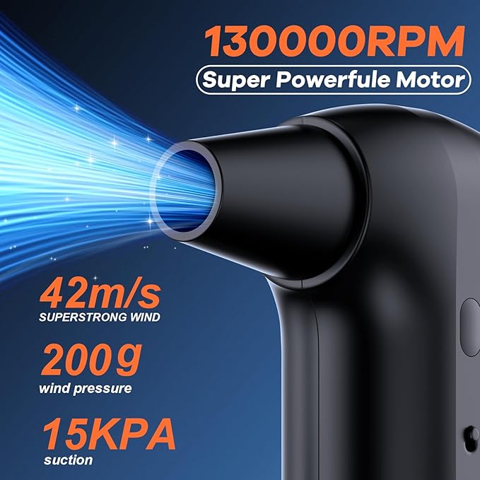 Compressed Air Duster, Rechargeable Electric 2-in-1 Air Blower and Car Vacuum, 130000RPM 3 Speed Super Power Brushless Motor, Fast Charging, Dust Blower for Computer, Keyboard, House, Outdoor and Car