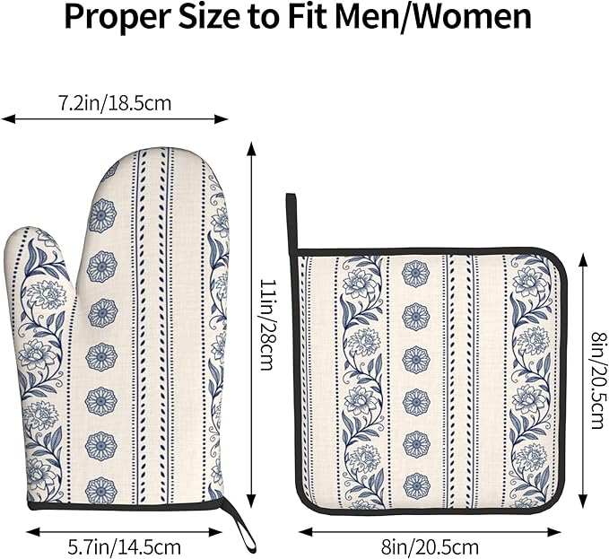Boho Oven Mitts Set – Vintage Floral Pot Holders Kitchen Gloves for Women Bohemian Kitchen Mitts Potholders Set of 2 Durable for Cooking & Baking