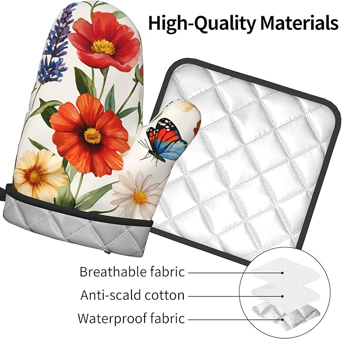 Cute Oven Mitts and Pot Holders Sets Poppy Daisy Flowers Kitchen Gloves Lavender Butterfly Hot Pads 2 Pieces Set Spring Summer Floral Kitchen Decor and Accessories