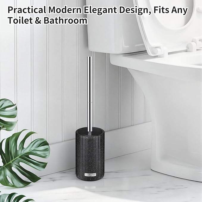 Toilet Bowl Brush and Holder, Durable Toilet Scrubber Bristles, Long Stainless Steel Handle, Ceramic Texture Toilet Brush and Holder Set, Deep Cleaning Toilet Brush for Bathroom, Black