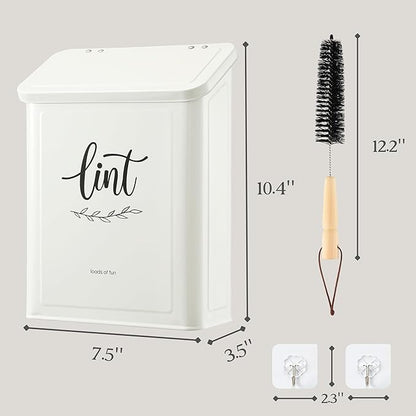 Perfnique Magnetic Lint Bin for Laundry Room with Lint Brush, Wall Mounted Lint Holder Trash can with lid for Dryer, Modern Farmhouse Rustic Metal Laundry Room Storage Organization and Decor(White)