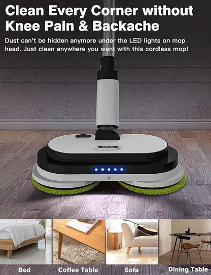 Cordless Electric Mop, Floor Cleaner with LED Headlight & Water Sprayer, Up to 60 Mins Detachable Battery, Dual-Motor Powerful Spin Mop, 300ML Water Tank for Multi-Surface, Self-Propelled