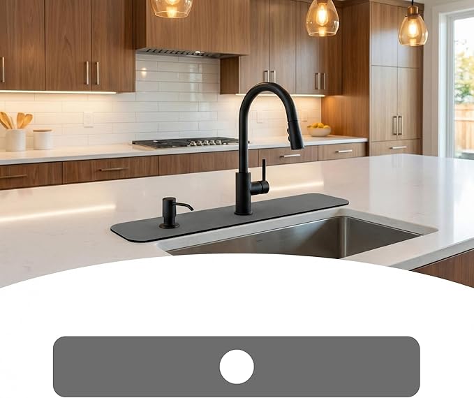 Customizable Kitchen Sink Faucet Mat: 24"Lx4"W Grey Bathroom Counter Protector Drip Catcher - Splash Guard with Pre-Cut Center Hole, DIY to Fit Irregular Sink with 2, 3 Holes & Soap Dispenser