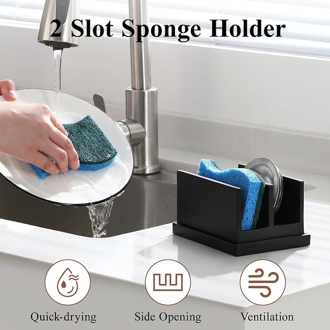 Luxspire Kitchen Sponge Holder for Sink, Dish Sponge Holder with 2 Compartments, Sponge Caddy for Kitchen Sink Counter, Sponge Holder with Drain Tray, Matte Black