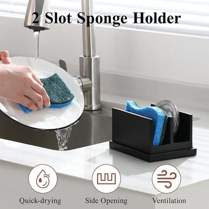 Luxspire Kitchen Sponge Holder for Sink, Dish Sponge Holder with 2 Compartments, Sponge Caddy for Kitchen Sink Counter, Sponge Holder with Drain Tray, Matte Black