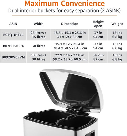 Amazon Basics Dual Compartment Recycling Trash Can with Soft-Close Lid, Fingerprint Resistant, Removable Liner Buckets, 60 Liters, Rectangular, Grey, Silver