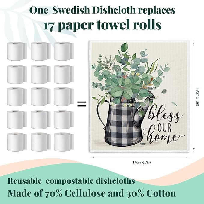 Bless This Home Swedish Dishcloths for Kitchen, Home Sweet Home, Swedish Dish Cloths for Home, Papaya Reusable Paper Towels, 4 Pack Dish Towels for Kitchen, Reusable Paper Towels Washable