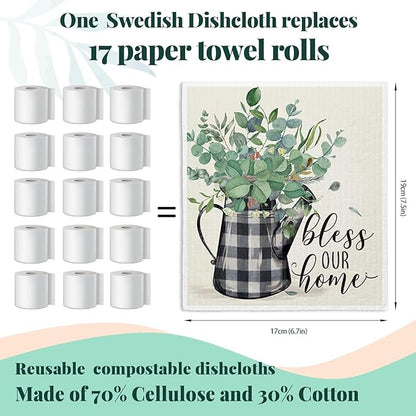 Bless This Home Swedish Dishcloths for Kitchen, Home Sweet Home, Swedish Dish Cloths for Home, Papaya Reusable Paper Towels, 4 Pack Dish Towels for Kitchen, Reusable Paper Towels Washable
