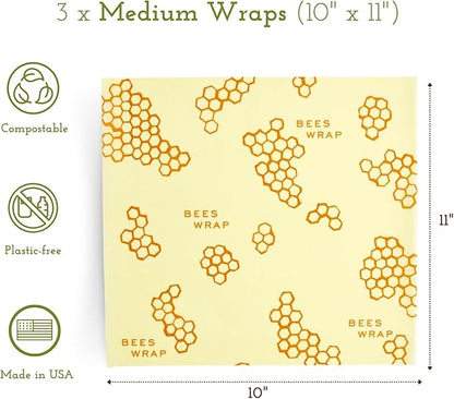 Bee's Wrap Beeswax Wraps for Food - 3 Pack of Medium Beeswax Wraps - Plastic Free Made in USA Reusable Natural Food Wrap - Honeycomb Print