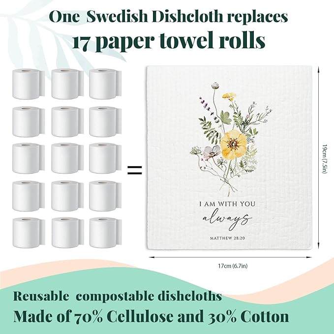 Christian Swedish Dishcloths for Kitchen, Floral Swedish Dish Towels, Scripture Kitchen Towels, Papaya Reusable Paper Towels, 4 Pack Swedish Dish Cloths for Kitchen, Sponge Cloths