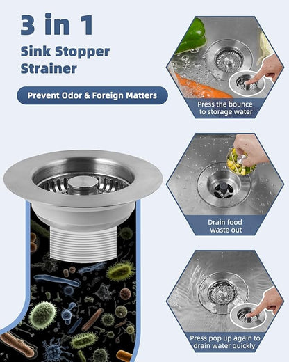 Hygie Rinse 3-in-1 Kitchen Sink Strainer Stopper Combo All Metal Stainless Pop Up Sink Drain Strainer with Handle Rod for US Standard 3-1/2 inch Drain Filter, Anti-Clog