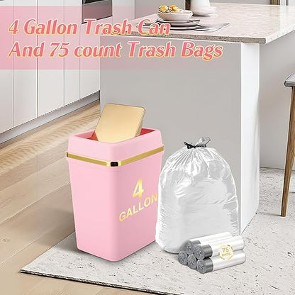 3 Pack Bathroom Trash Can with Lid 4 Gallon Small Trash Can with Swing LidBathroom Garbage Can with 225 Counts Trash Bags for Kitchen Bedroom Office(White Pink Green)