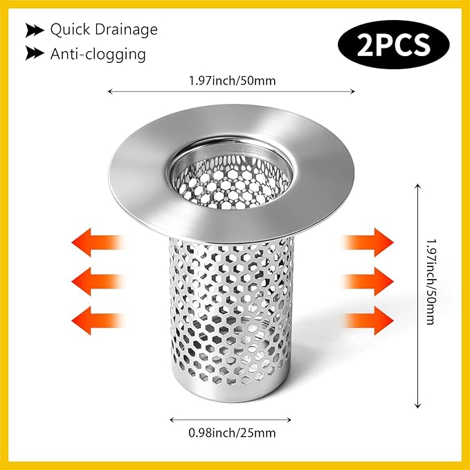 304 Stainless Steel Shower Drain Hair Catcher – Bathtub & Bathroom Sink Drain Strainer, Small Deep Basket Cover, Anti-Clog Pet Hair Catcher with Large Water Flow, Universal Tub Drain Filter Stopper