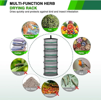 Yesker 6 Layer Herb Drying Rack Hanging Mesh Net Foldable Plant Drying Racks 24" Diameter with Green Zipper & Hook Dryer Hanging Rack for Herbs Seed Bud Fruit Clothes Grow Tent Closets Garden Outdoor