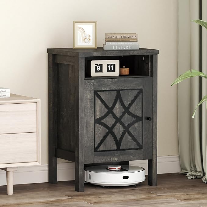 GOFLAME Robot Vacuum Storage Cabinet, Retro Sofa Side End Table with Hidden Robotic Vacuum Cleaner Storage & Open Compartment, Sweeping Robot Stand Cabinet for Living Room (Grey)