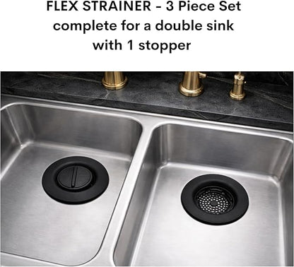 Flex Strainer® Sink Drain Strainer with Optional Stopper – No Center Stem, Fits Standard 3½” Sink Drains & Disposals – Easy Clean, Dishwasher Safe – Made in USA (Black, 3pc)