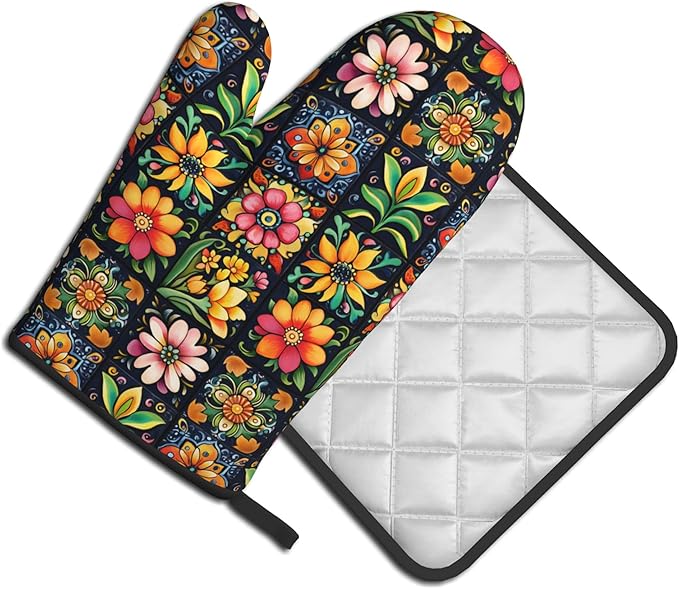 Mexican Oven Mitts and Pot Holders - Colorful Flowers Kitchen Mitt Sets of 2 Boho Oven Gloves Hot Pads for Cooking Baking Grilling