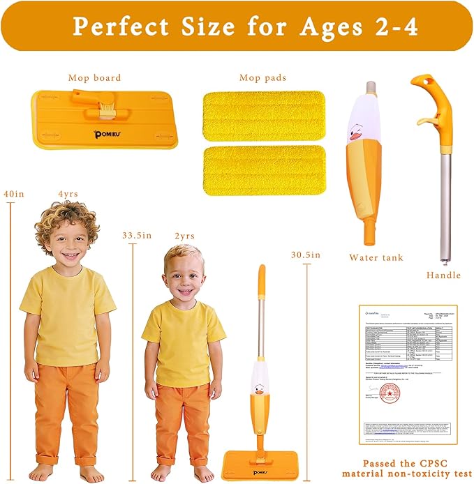 Kids Spray Mop for Age 2+ 3, 4, 5, 6 Year Old, Functional Cleaning Set for Toddlers Pretend Play Housework, Montessori Toys Gifts for Boys Girls (2 Microfiber Pads)