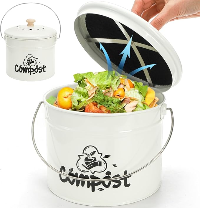 Tlence Small Kitchen Compost Bin, 1 Gallon Odorless Composter Container, Food Waste Bucket with Charcoal Filter Lid, Indoor Farmhouse Composting Pail Canister for Trash Scraps, Carrying Handle