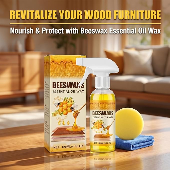 Beeswax Wood Polish Spray, Beeswax Essential Oil Wax, 2026 Upgrade Bees wax Furniture Polish and Cleaner with Sponge and Towel, Natural BeeswaxCleaner for Furniture Floors Cabinets (2Pcs)