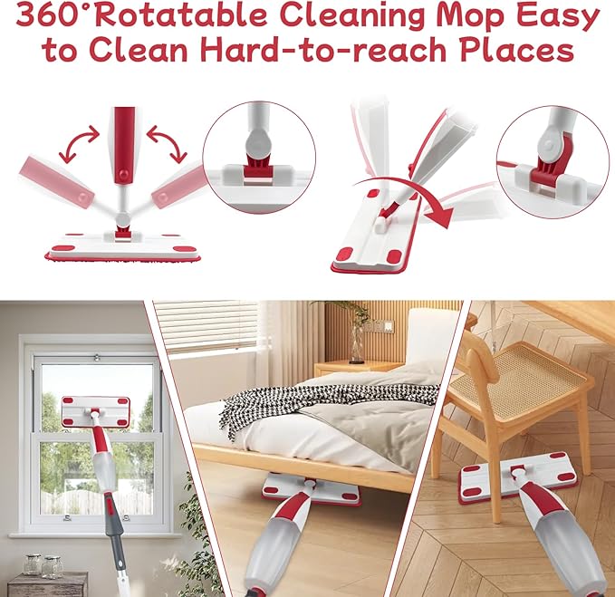 Kids Spray Mop - Fun & Educational Montessori Housekeeping Toys Mini Size Cleaning Set Includes Kids Mop with Real Water Sprayer Washable Microfiber Pads & Scraper