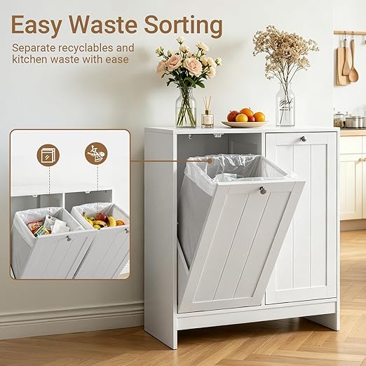 Tilt Out Trash Can Cabinet, Hidden Trash Can Cabinet with 2 Removable Bags, Double Laundry Hamper Cabinet, Narrow Storage Organizer for Kitchen, Bathroom, and Bedroom White DJ BZR001