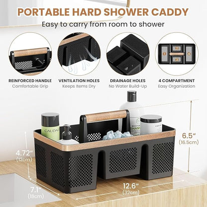 BYUNER Plastic Shower Caddy Dorm: Portable Hard Shower Basket with Handle, 4 Divided Compartments, All-Side Drainage, Bathroom & Cleaning Caddy for College Dorm Room Essentials, Black/wood grain