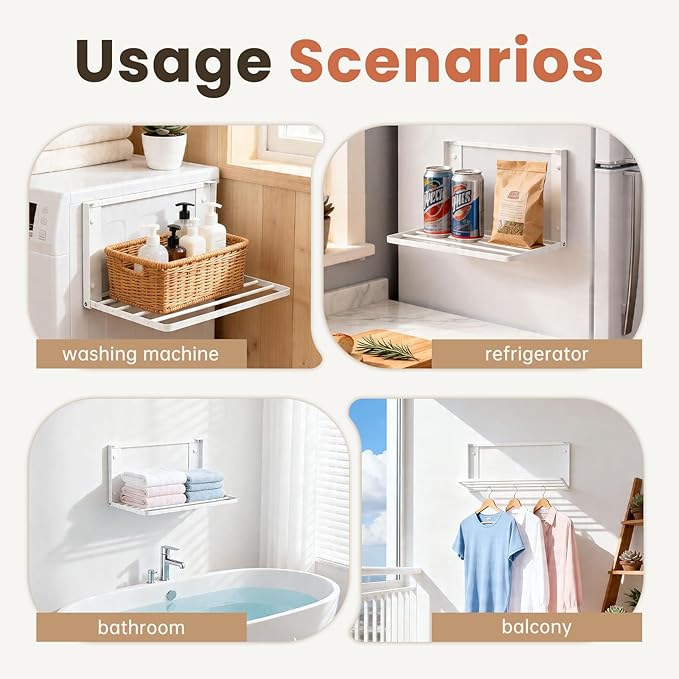 Foldable Wall Mounted Clothes Drying Rack,Space-Saving Laundry Drying Rack, Magnetic & Punch-Free Retractable Hanging Rack with 4 Drying Bars, Heavy-Duty Fold Down (White)