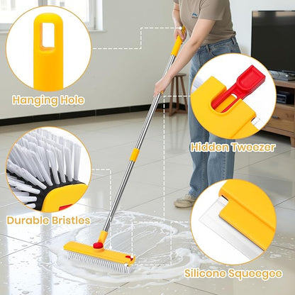 REEWII 64in Floor Scrub Brush with Long Handle,3 in 1 Hard Bristle Cleaning Brush with Scraper and Tweezers for Household Cleaning, Bathroom, Swimming Pool, Garage, Windows, Walls, and Terrace Decks