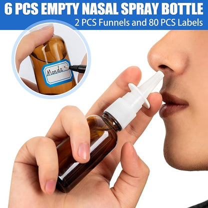 10 Pcs Nasal Spray Bottle, 1OZ/30ML Blue Brown Glass Empty Nasal Spray Bottles Refillable with 2Pcs Funnels and 2Pcs Labels