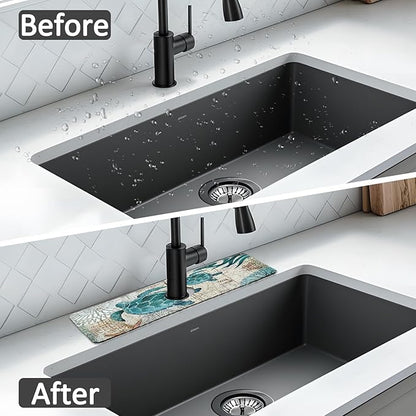 2PCS 15" X 5.5" Kitchen Sink Splash Guard Faucet Mat Sea Turtles Super Absorbent Fast Drying Faucet Guard & Draining Mat Sink Splash Guard Behind Faucet for Kitchen, Bathroom