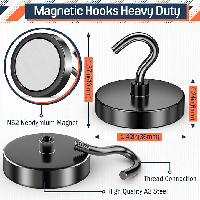 FINDMAG Black Magnetic Hooks for Classroom, 150lbs Magnetic Hooks for Hanging, Cruise Ship Magnets, Strong Magnets Heavy Duty, Locker Decorations, Fridge Decor, Office Supplies, 10 Pack