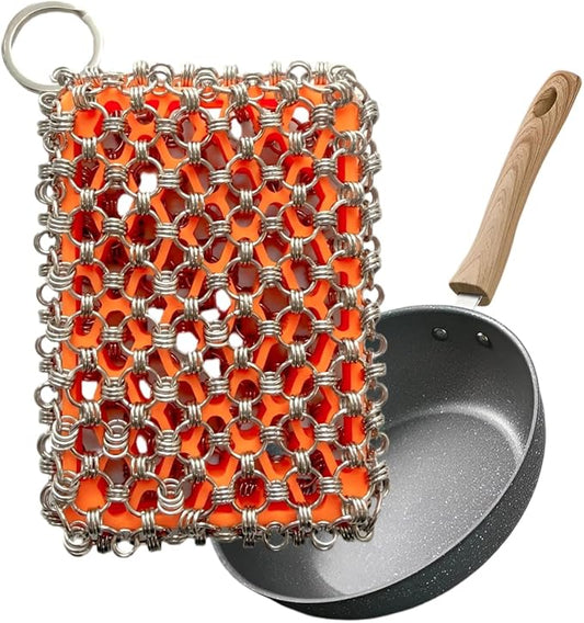 2026 Upgrade 316 Stainless Steel Pan Cleaner,4.5 Inch Triple-Ring Chain Mail Scrubber with Silicone Core, Cast Iron Pot Brush for Easier Removal of Stubborn Oil Stains & Food Residue–Orange