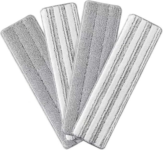 JOYMOOP 17.7-Inch Microfiber Flat Mop Replacement Pads – Washable Reusable Grey & Stripe, Pack of 4 Heavy-Duty Wet & Dry Refill for JOYMOOP Flat Mop & Bucket System